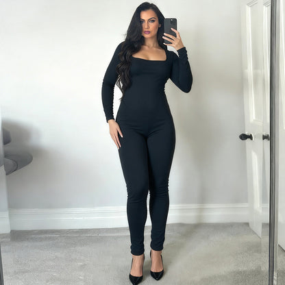 女士秋冬性感U領露背繫帶長袖純色提臀連身褲