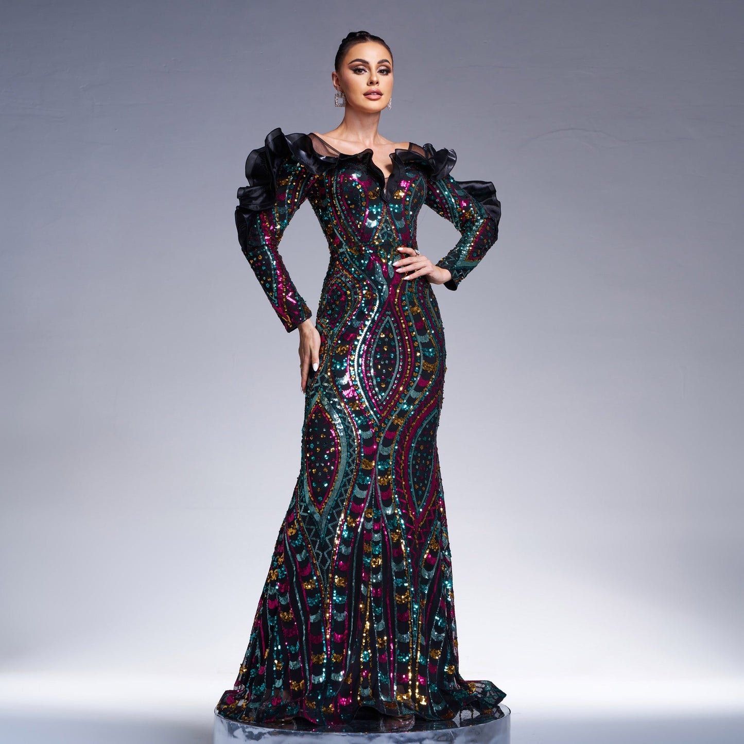 Long Sleeve V neck Hollow Out Cutout out Long Sequined Cocktail Fishtail Evening Dress Bridesmaid Dress Women