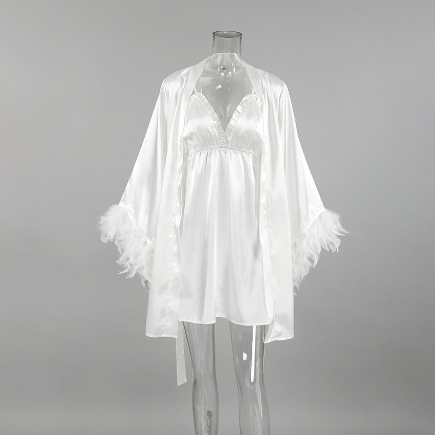 Loose Night Dress Robe Two Piece Sets Satin Stitching Feather Sleeve Solid Color Ladies Homewear