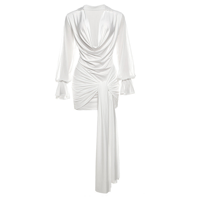 Fall Women Clothing Solid Color Sexy Deep V Plunge neck Long Sleeve Narrow Dress Women