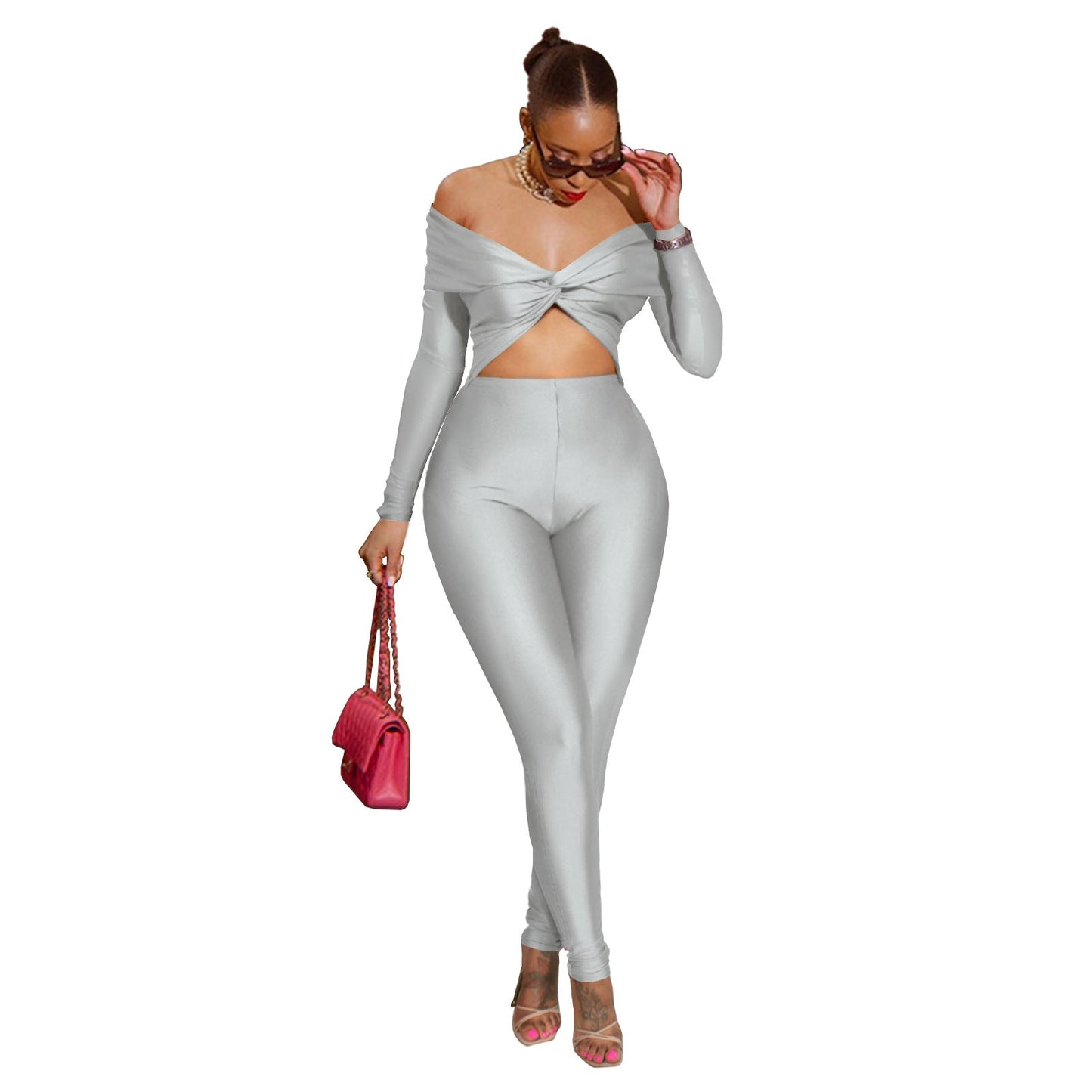 Women Clothing Collared Twist Hollow Out Cutout Cropped Sexy High Waist Long Sleeve Jumpsuit