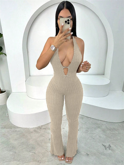 Summer Halter Slim Fit Lace up Backless Sexy Jumpsuit Bell Bottom Pants Jumpsuit Women