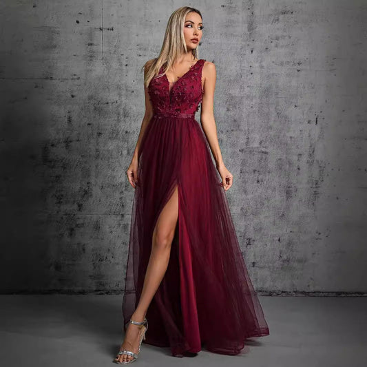 Women Evening Dress Women Chiffon Double V neck Dress Sleeveless A line Large Hem Sequin Stitching Summer