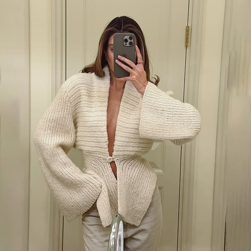 Otoño Invierno Mujer Ropa Cuello en V profundo Escote en V Sexy Ahuecado Recorte Suéter Suelto Cárdigan Abrigo