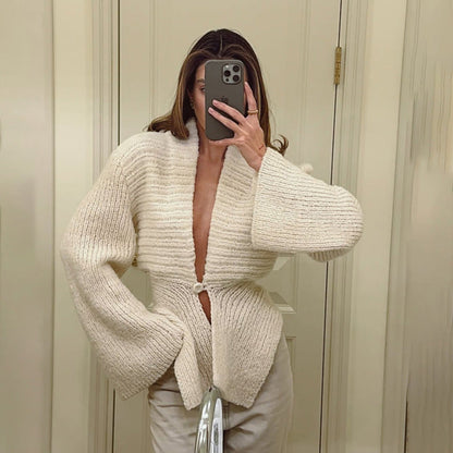 Otoño Invierno Mujer Ropa Cuello en V profundo Escote en V Sexy Ahuecado Recorte Suéter Suelto Cárdigan Abrigo