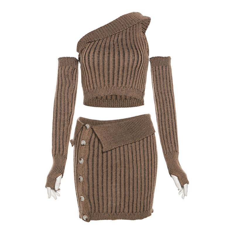 Fall Women Clothing Sexy Knitted Top High Waist Hip Wrapped Skirt Set Women