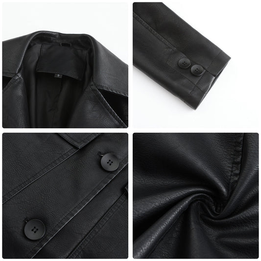 Long Leather Coat Spring Autumn Long Sleeve Leather Wind Coat British Coat Women Collared Single Breasted