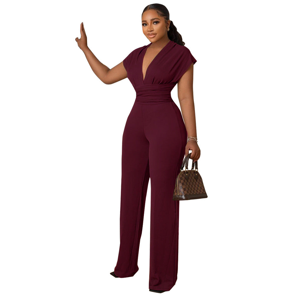 Low Cut Solid Color Waist Tight Women Jumpsuit