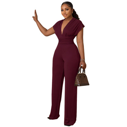 Low Cut Solid Color Waist Tight Women Jumpsuit
