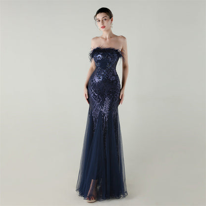 Sequin Beaded Tube Floral Ostrich Feather Tube Top Cross Strap Mesh Fishtail Evening Dress Cocktail Wedding