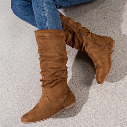 Pleated ide Zipper Flat Casual Women Boots Flat Boots Ankle Boots