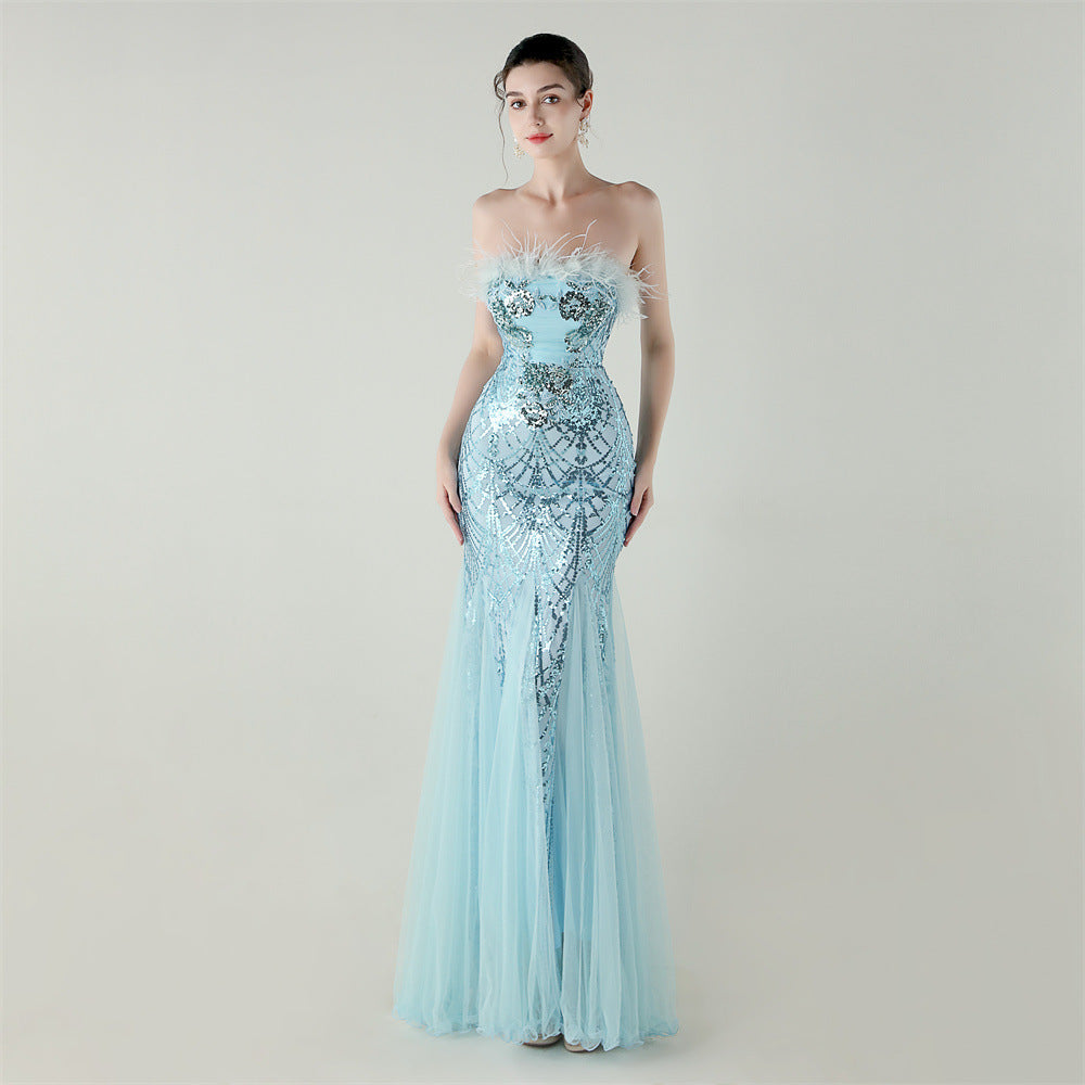 Sequin Beaded Tube Floral Ostrich Feather Tube Top Cross Strap Mesh Fishtail Evening Dress Cocktail Wedding