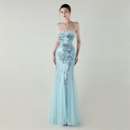 Sequin Beaded Tube Floral Ostrich Feather Tube Top Cross Strap Mesh Fishtail Evening Dress Cocktail Wedding