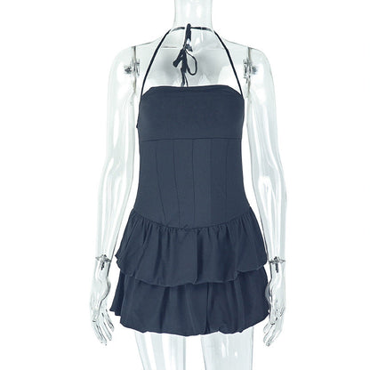 Elegante vestido sexy sin espalda plisado línea A cuello halter hombros descubiertos ropa fresca y sencilla para mujer