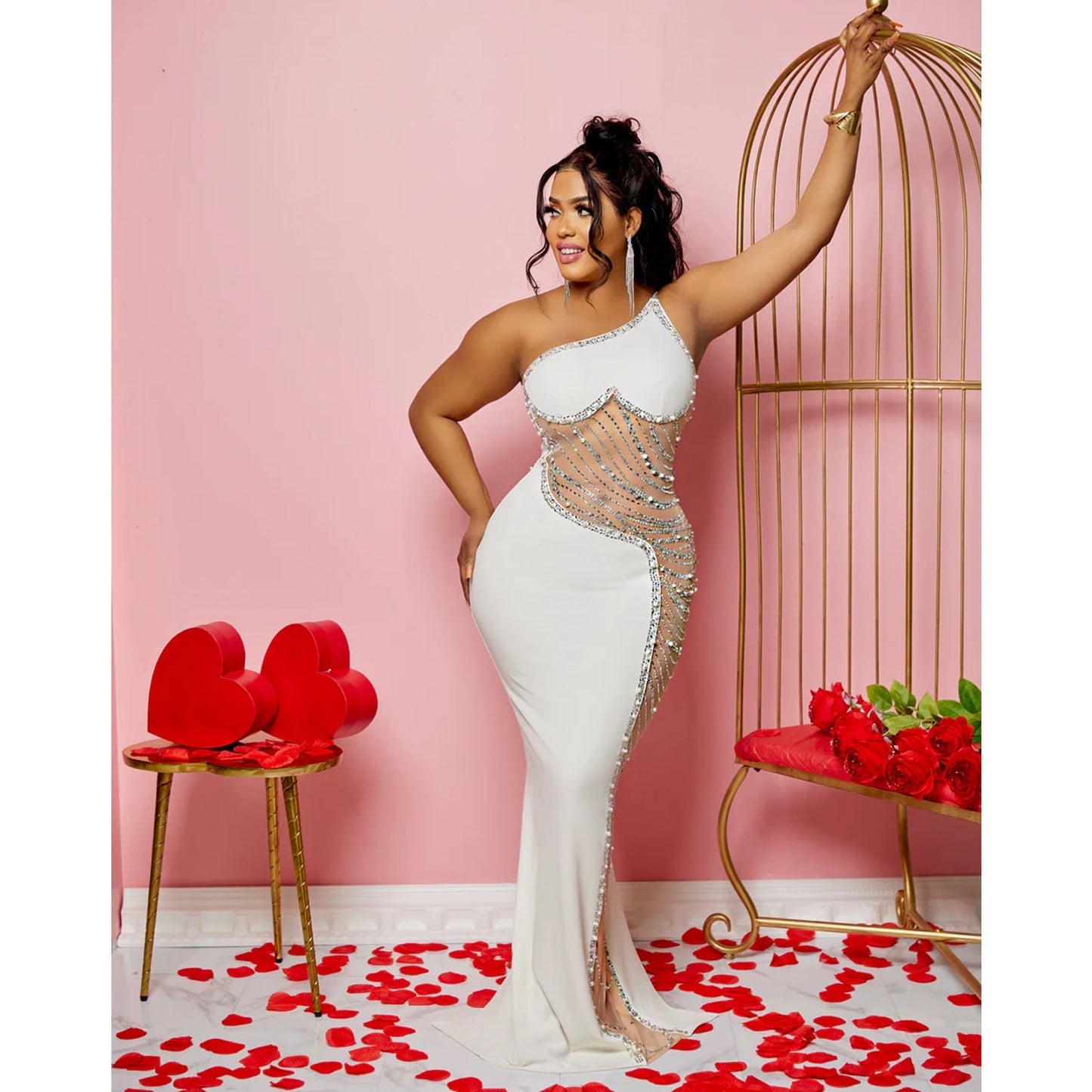 Summer Women Clothing Sexy Mesh See through Rhinestone Strap Length Dress