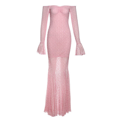 夏季女士性感露肩連身裙 高腰修身連身裙