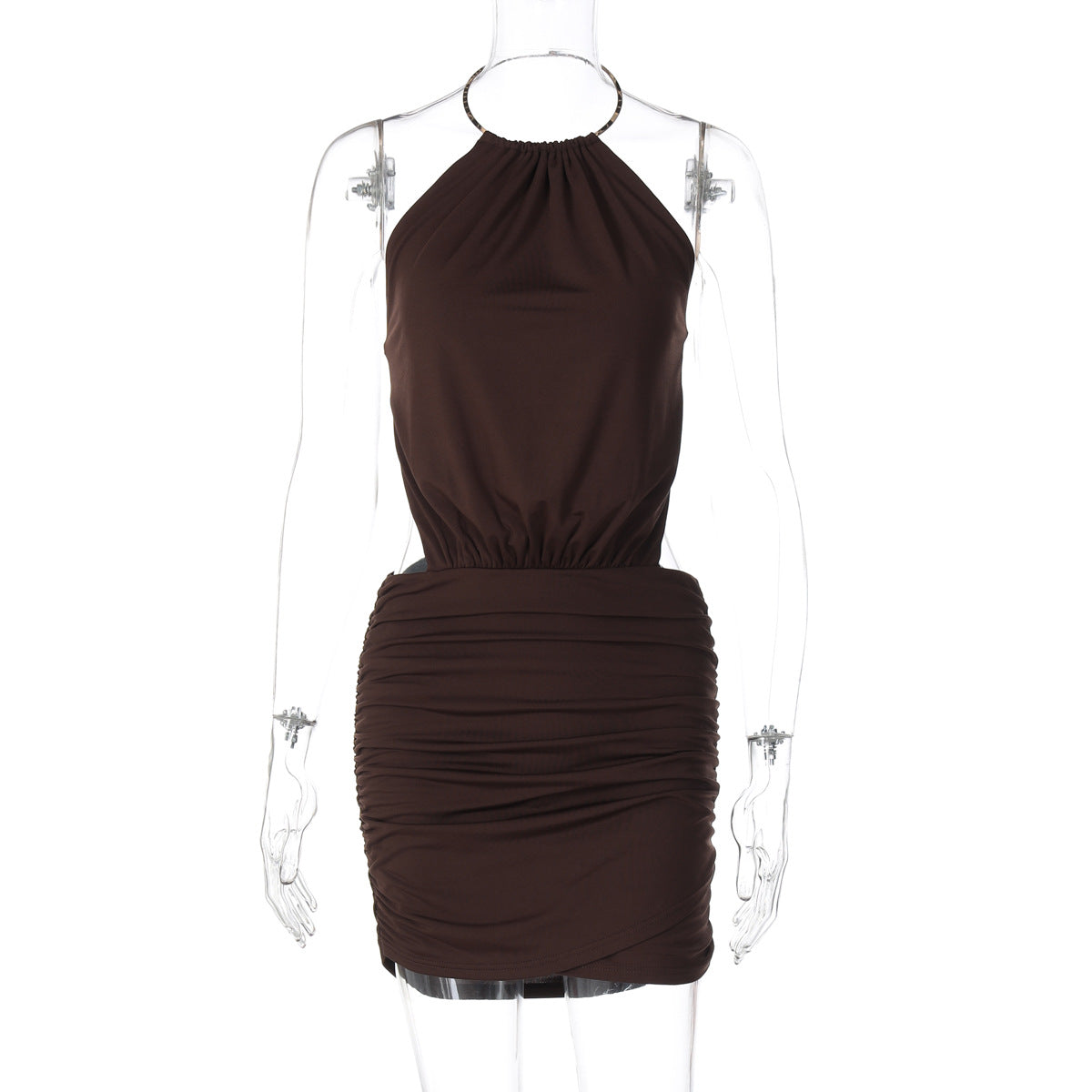 Summer Metal Ring Halter Exposed Back Sexy Slim Sheath Solid Color Dress