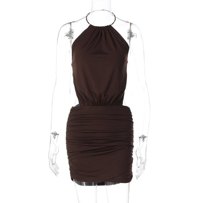 Summer Metal Ring Halter Exposed Back Sexy Slim Sheath Solid Color Dress