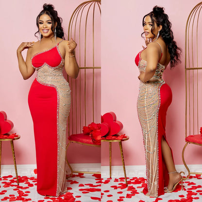 Summer Women Clothing Sexy Mesh See through Rhinestone Strap Length Dress