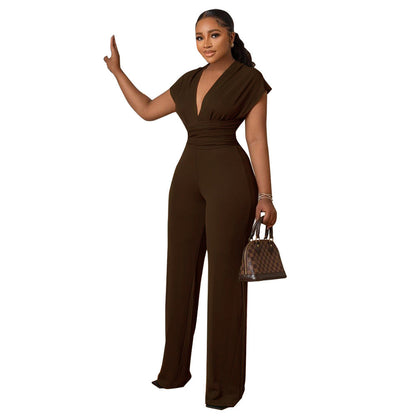 Low Cut Solid Color Waist Tight Women Jumpsuit