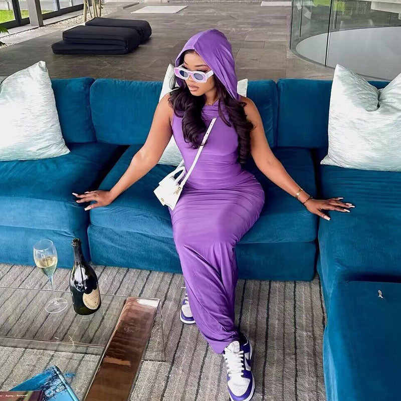 Summer Women Clothing Solid Color Hooded Sleeveless Sheath Split Dress Women
