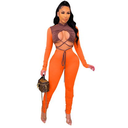 Autumn Winter Sexy Cutout Color Matching Lace up Long Sleeve Jumpsuit Women