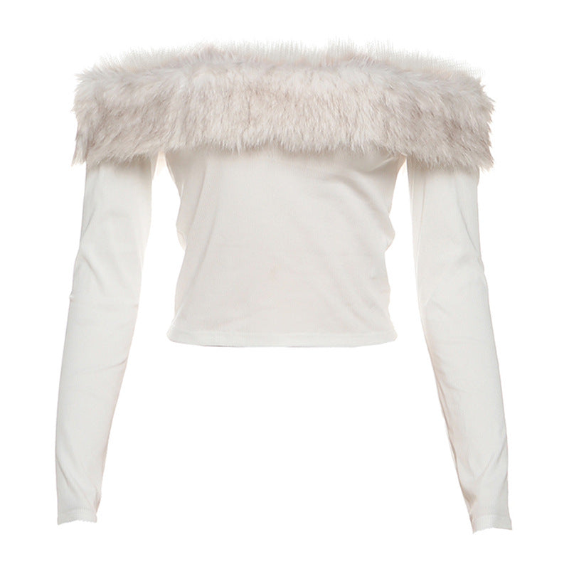 Autumn Winter Slim Fit Cropped off Neck Fur Stitching Color Contrast Long Sleeve T shirt Top