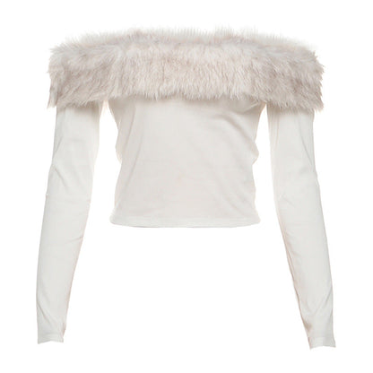 Autumn Winter Slim Fit Cropped off Neck Fur Stitching Color Contrast Long Sleeve T shirt Top