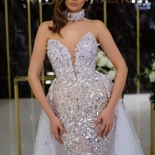 Summer Women Clothing Dress Sequined Fishtail Sleeveless Long Mesh Dress