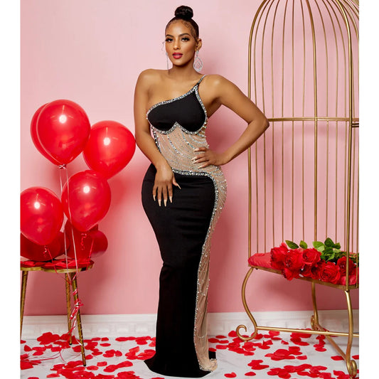 Summer Women Clothing Sexy Mesh See through Rhinestone Strap Length Dress