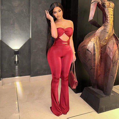 Women Clothing Autumn Solid Color Strapless Sleeveless Slim Hollow Out Cutout Backless Twisted Knot Jumpsuit