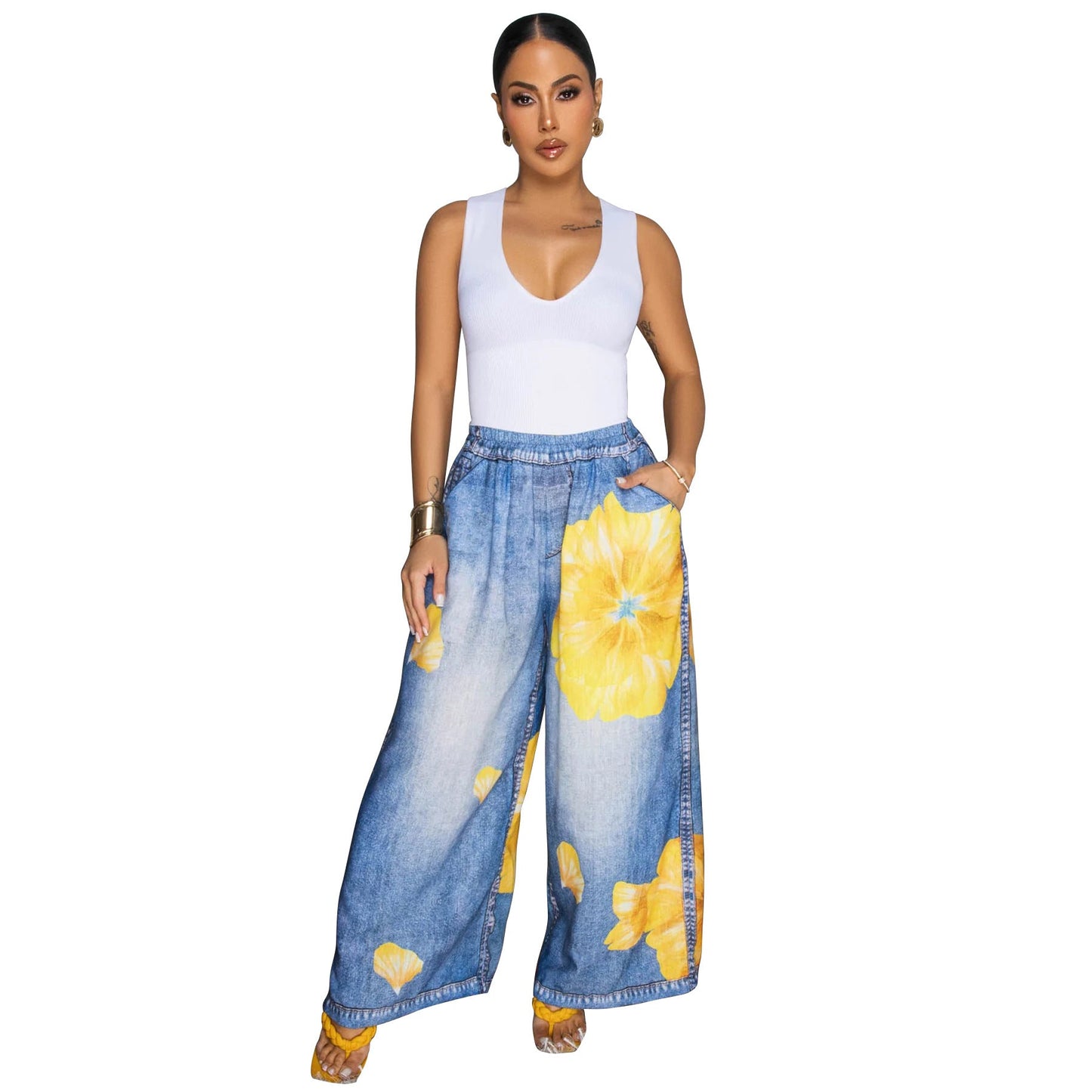 Women Clothing Russia Europe Printed Wide Leg Pants Casual Women Pants