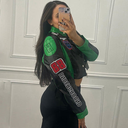 Autumn Winter Women Clothing Sexy Cropped Vintage Floral Print Long Sleeves Varsity Jacket