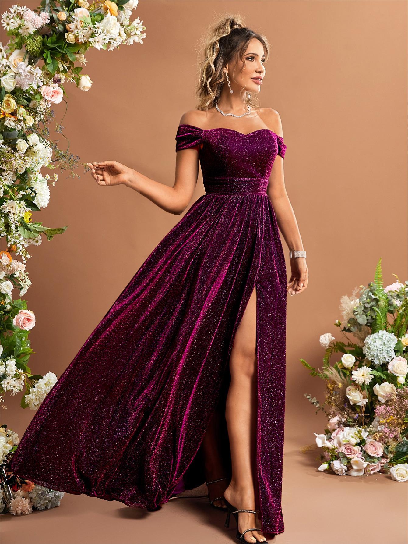 Off Shoulder Evening Dress Slit Metallic Fabric Large Swing Dance Dress Party Dress Bridesmaid Dress Summer