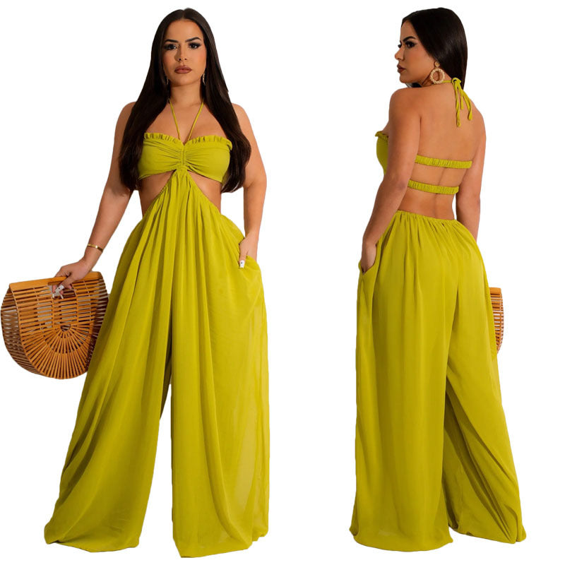 Women Clothing Spring Summer Solid Color Sexy Loose Backless Jumpsuit