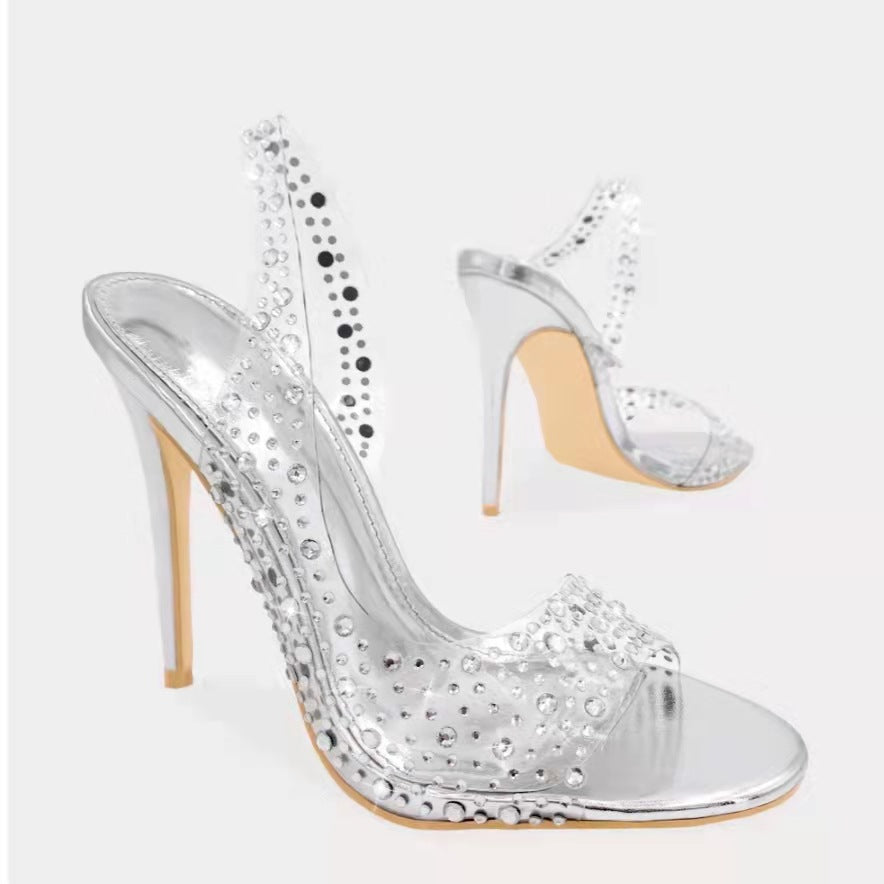 Rhinestone High Heeled Open Toe Sandals Women Pointed Toe Mixed with Crystal Fish Mouth Shoes
