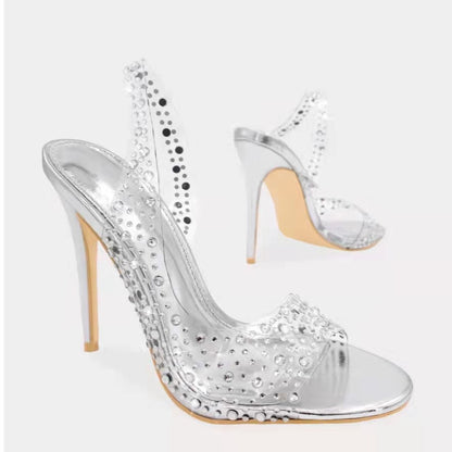 Rhinestone High Heeled Open Toe Sandals Women Pointed Toe Mixed with Crystal Fish Mouth Shoes