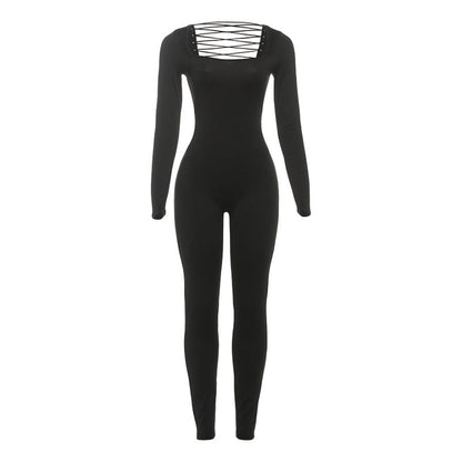 女士秋冬性感U領露背繫帶長袖純色提臀連身褲