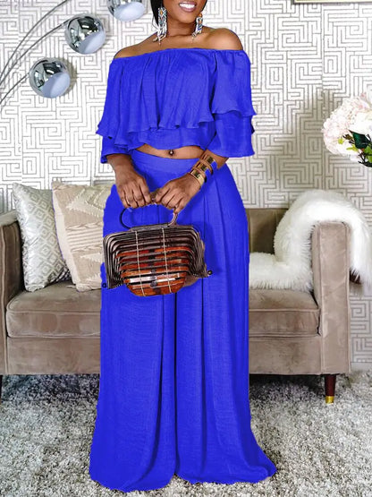 Plus Size 2 Piece Off Shoulder Crop Top & Wide Leg Pants