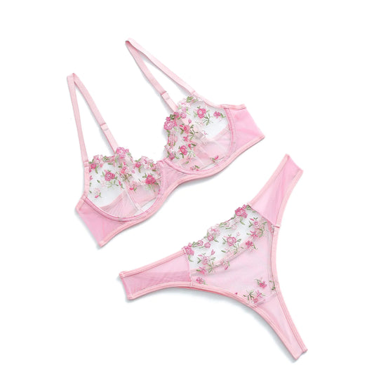 Vorixia Lingerie Set With Exotic Foral EmbroiderySexy Bra and Panty Set For Women See Through Sheer Mesh Cute Underwire(PINKL)