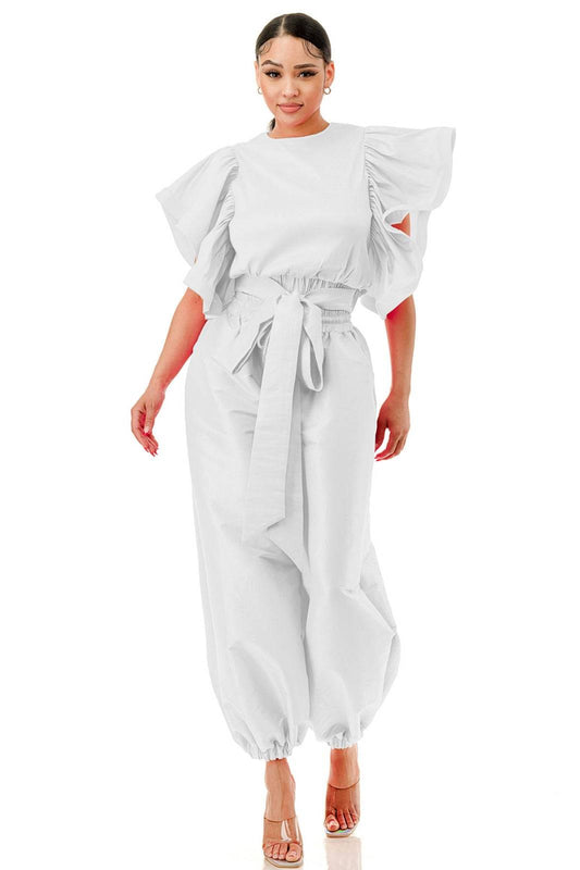 Waist Tie Ruffle Short Sleeve Elastic Waistband Top & Pants Set **Great Stretch**