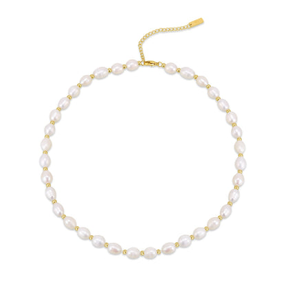 PT801G B.Tiff Collar de perlas entrelazadas con cuentas doradas