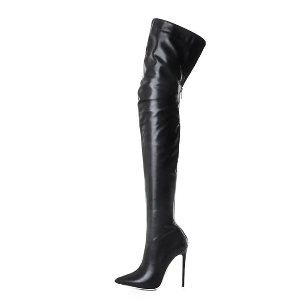 YING LAN Over the Knee High Boots for Women Sexy Zipper Pointed Toe High Heel Faux Leather Surgical Stretch Riding Thigh High Boots Black Size 4.5
