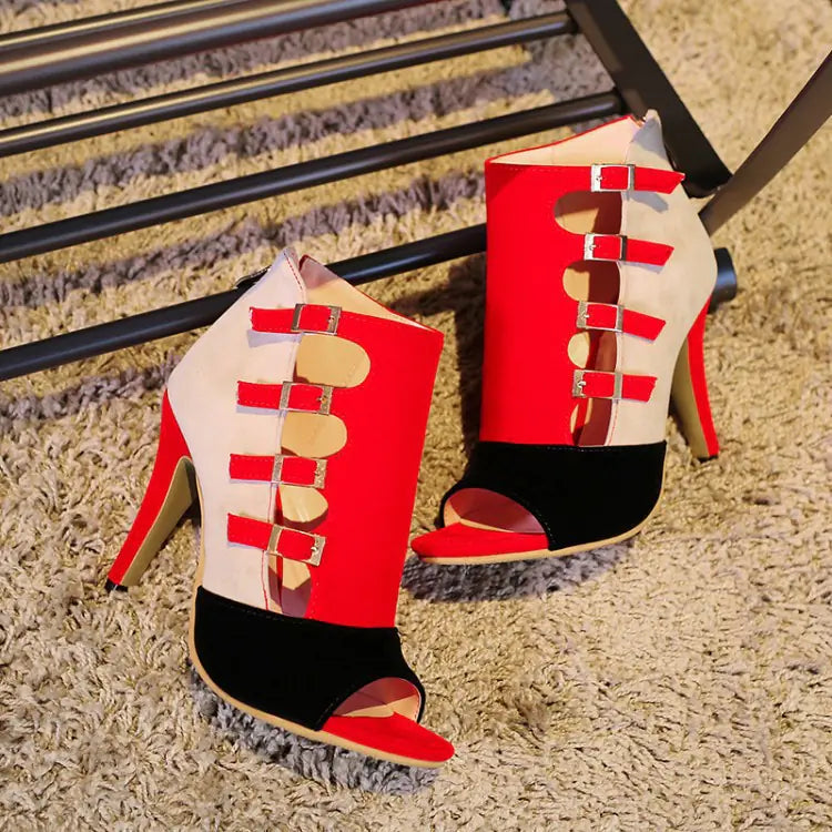 Women's Color-Block Buckle Peep-Toe High Heels