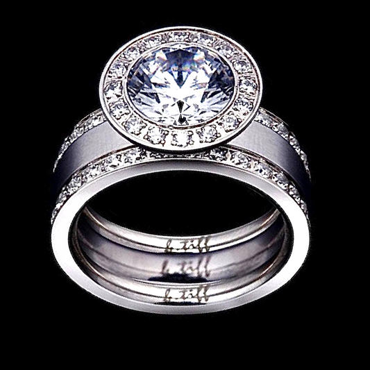 B.Tiff Aŭreolo 2 ct Round Halo Engagement Ring & Eternity Band Set