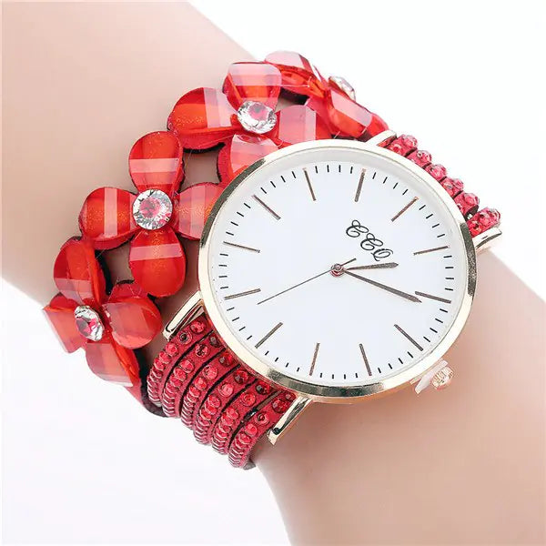 Reloj de pulsera circular CCQ para mujer con cristales florales
