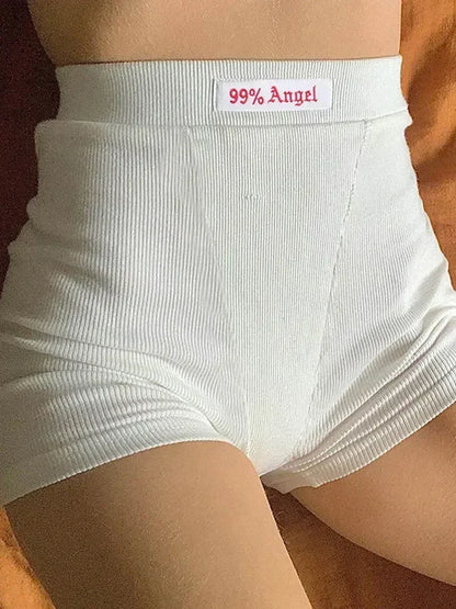 夏季白色字母刺繡騎行短褲 女式羅紋針織黑色高腰休閒街頭風短褲