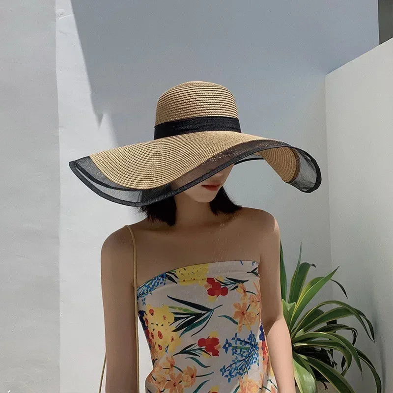 Women Sun Hat Big Eaves Waves Beach Cap Ladies Hat Big Brim Sun Visors UV Cut Bucket Panama Cap Foldable Straw Sunscreen Vintage