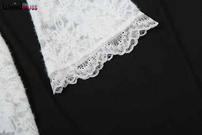 Vestido con volantes y bordado de gatitos extraños para mujer, sexy, escote en V profundo, aberturas transparentes