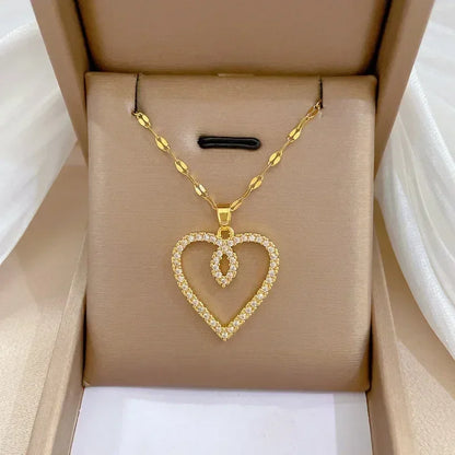 Collar de acero inoxidable con circonitas y forma de corazón para mujer y niña, moderno collar de metal dorado, ideal para fiestas, cumpleaños y uso diario.